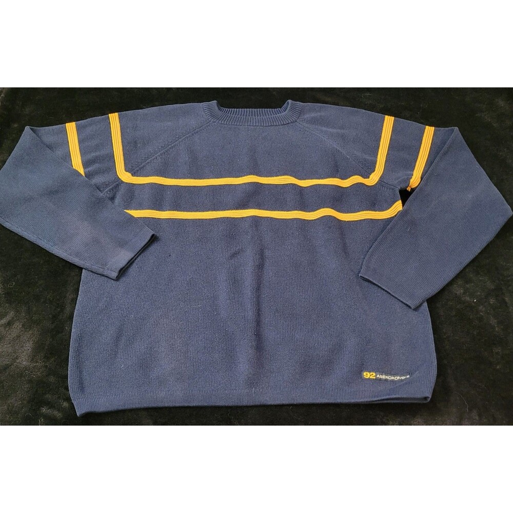 Men's Vintage Abercrombie 92 Sweater Navy Blue Stripe 90s Y2K Preppy Large